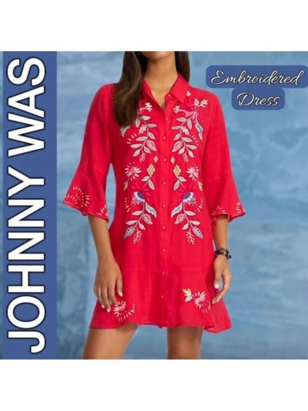 JOHNNY WAS Red Talulla RAMIE Fabric Embroidered Tiered Button Front Dress NWT
